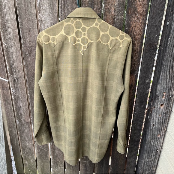 Khaki Pearl Snap Plaid Shirt With Gold Skull & Dots Sz S/M - Picture 2 of 16